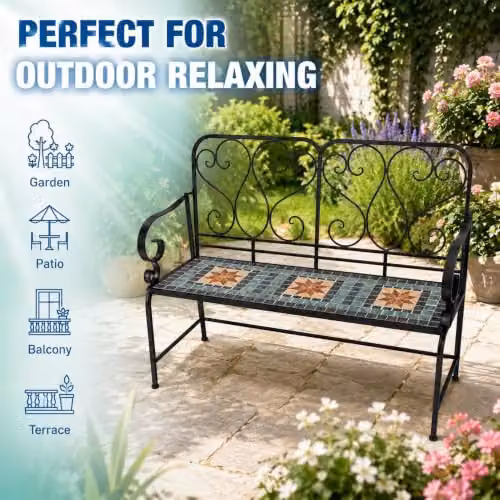 SHATCHI Marrakech 2 Seater Mosaic Garden Bench with Multicolour Geometric Ceramic Tile Seat and Lacquered Metal Frame, W: 112 cm, H: 96 cm, D: 47 cm – 4