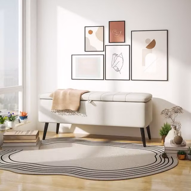HOMCOM Storage Ottoman Bench in Cream White Linen Fabric with Metal Legs