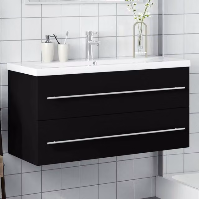 Berkfield Home Modern Black Bathroom Sink Cabinet with Ceramic Basin – 1