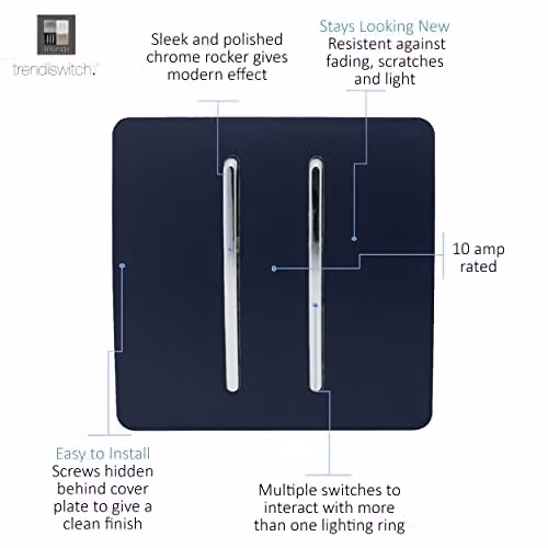 Trendi 2 Gang 3 Way Intermediate Modern Glossy 10 Amp Rocker Light Switch in Navy Blue – 2
