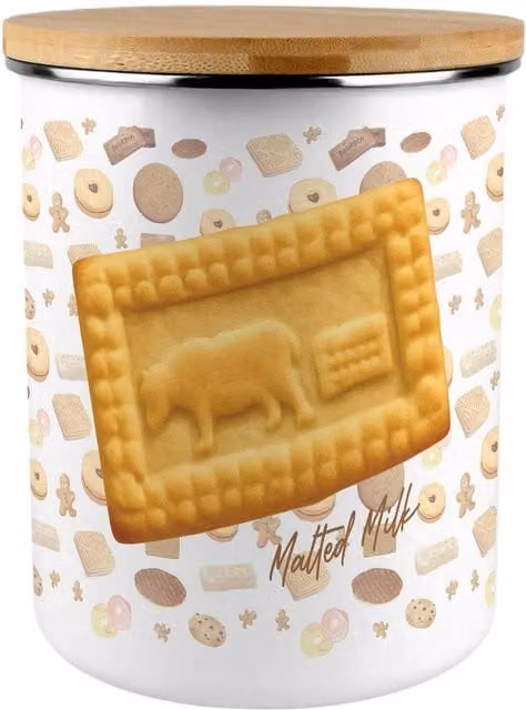 Purely Home Malted Milk Biscuits Novelty Extra Large Metal Storage Canister in Multicoloured and White