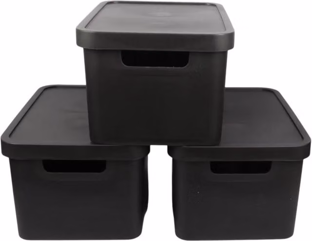 KORVIXA Black Set of 3 Stackable 31L Plastic Storage Boxes with Lid – 1