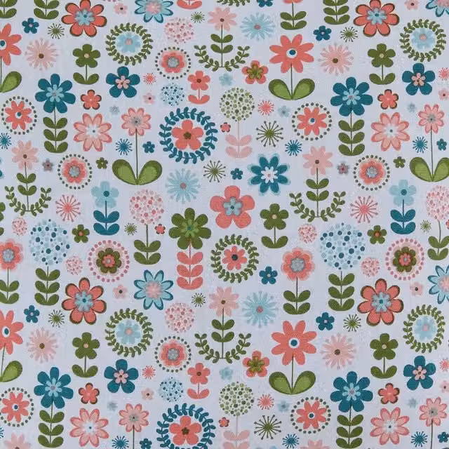 Homescapes Pure Cotton Retro Flower Fabric, Multi Colour and Green, Width: 150 cm