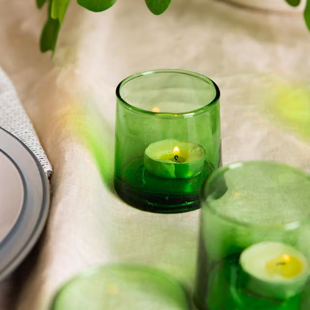 Nicola Spring Merzouga Moroccan Recycled Glass Tealight Holder, Green, Round Tabletop Design