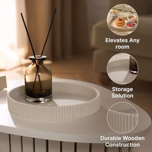 OHS Modern Round Geometric Ribbed Resin Decorative Tray in Beige – 3