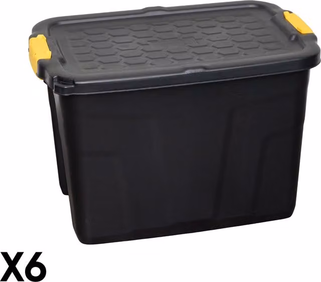 Samuel ALEXANDER Set of 6 Heavy Duty 60L Lockable and Stackable Plastic Storage Tubs with Lids and Handles, Black and Yellow – 7