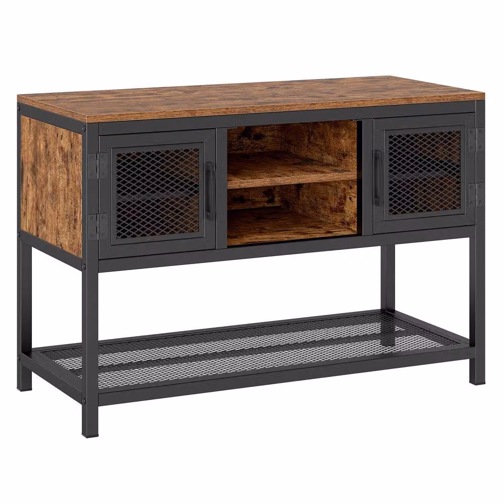 Gymax Industrial Entryway Storage Table and Sideboard with 2 Metal Mesh Doors in Brown – 10