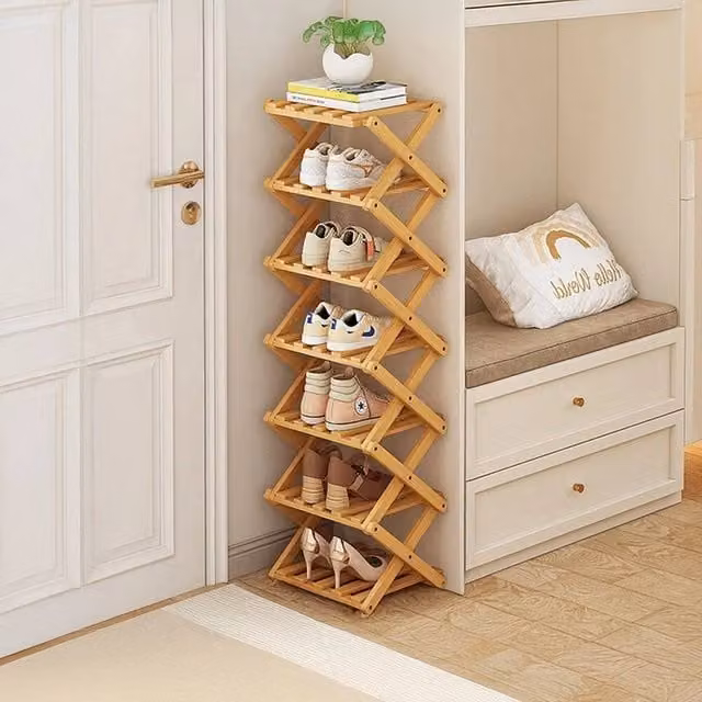 FORGEVIO 7 Tier Folding Bamboo Shoe Storage Rack in Natural Wood
