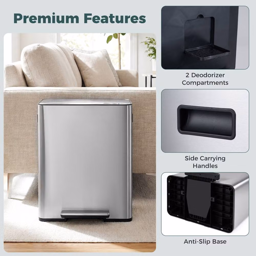 Costway 60L Stainless Steel Pedal Trash Can with 2 Removable Inner Buckets in Silver – 8