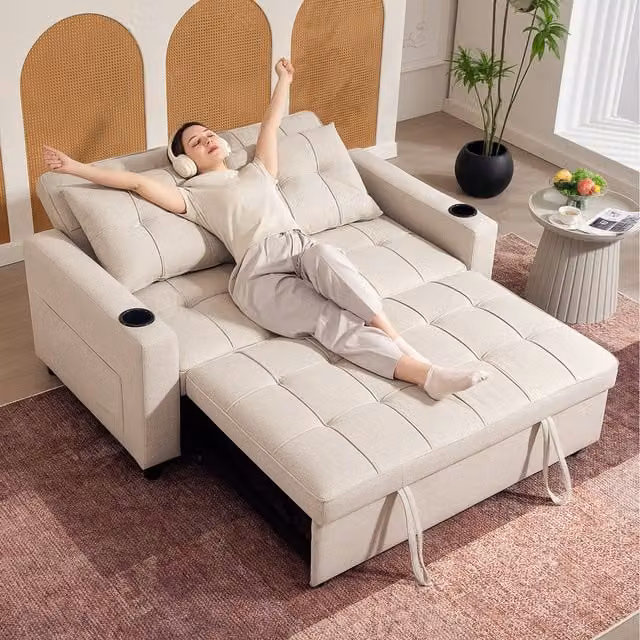 HOMCOM 2 Seater Click-Clack Pull Out Sofa Bed with 2 Cup Holders, Beige Fabric