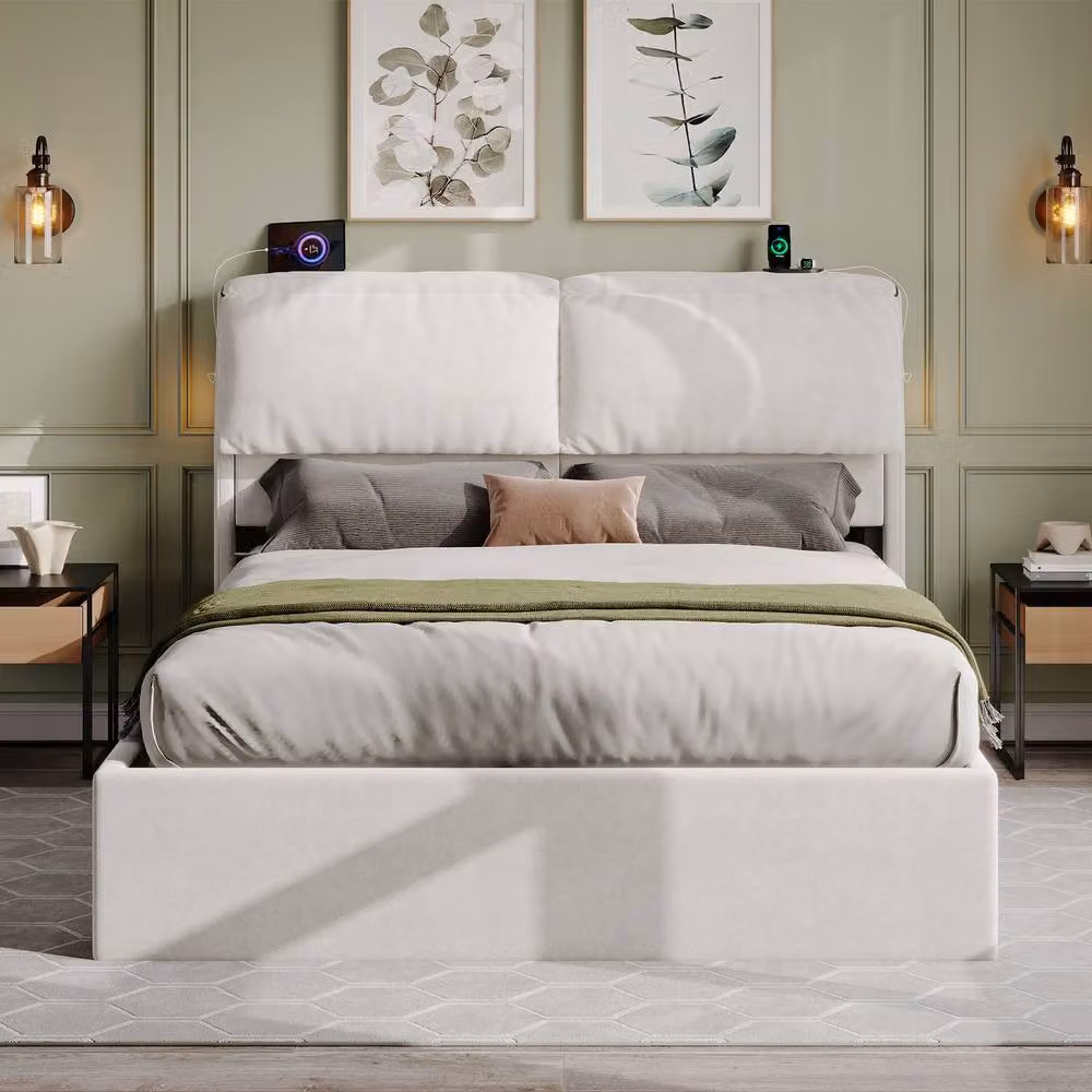 Rolipo King Size Velvet Ottoman Bed with Storage, USB Ports and LED Lighting in Cream – 3