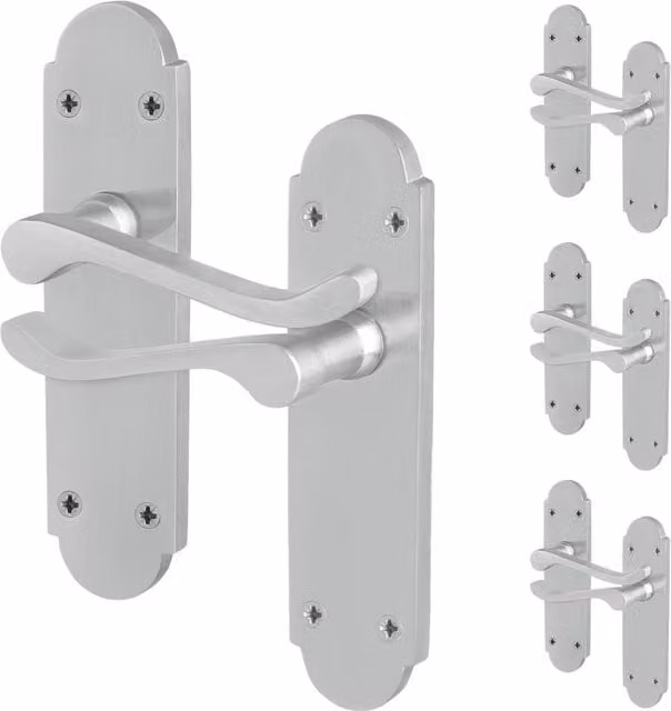 AFIT Satin Chrome Door Handles with Latch and Backplate, 4 Pairs, Silver – 1