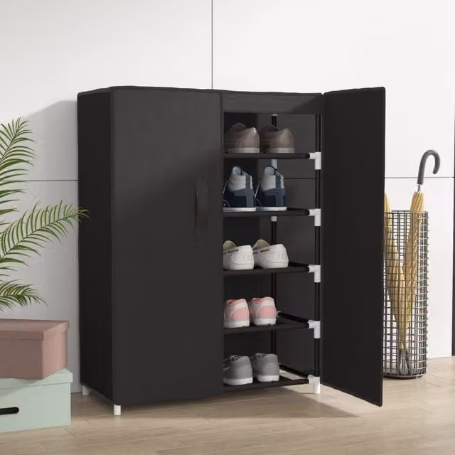 Berkfield Home Black Fabric and Metal Shoe Cabinet W/D/H: 60 x 28 x 90 cm