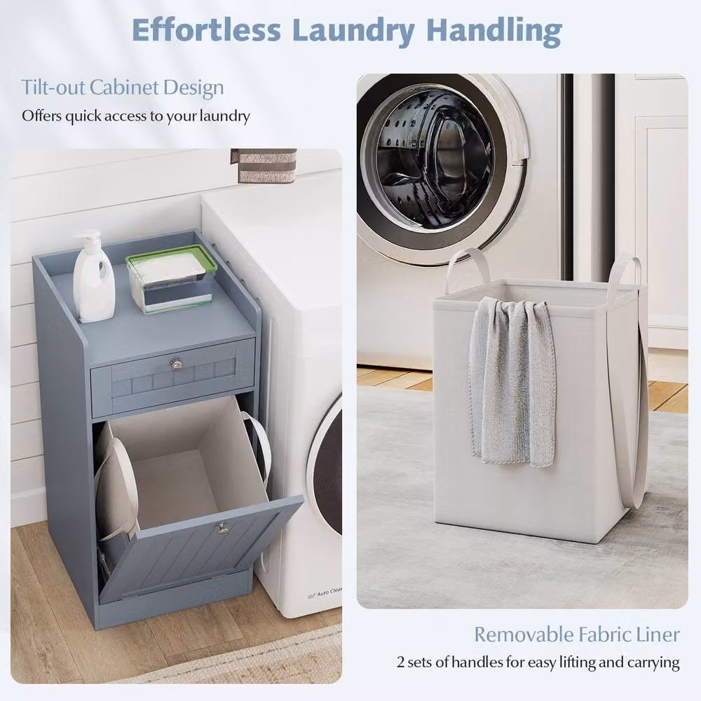 Costway Grey Bathroom Storage Cabinet with Tilt-Out Laundry Compartment and Internal Drawer – 7