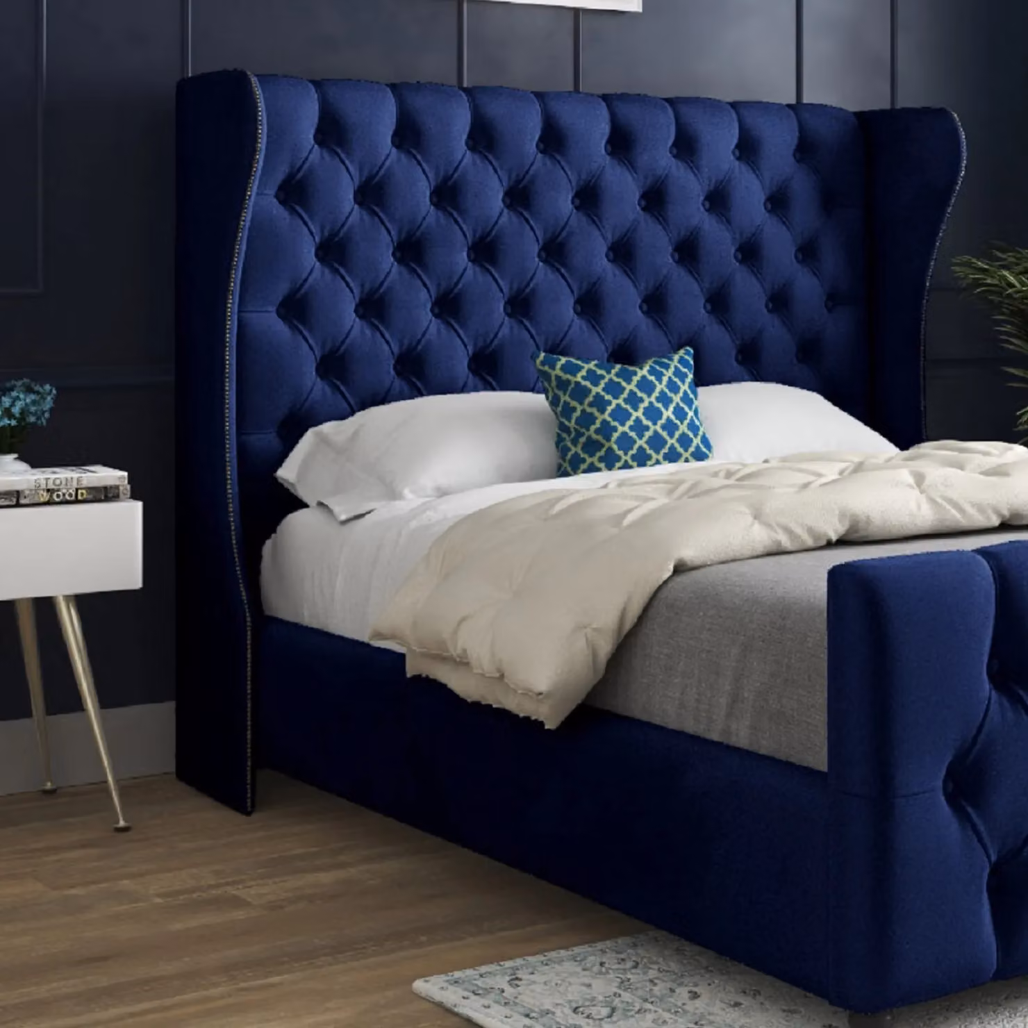 Casani Chesterfield Upholstered Velvet Bed Frame in Blue W/D/H: 144 x 137 x 200 cm – 3