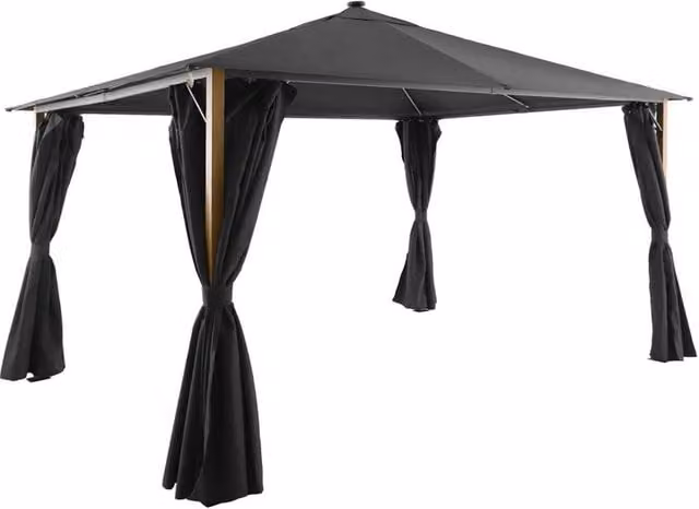 sweeek Aluminum Hip Roof Gazebo with Wood Effect, Curtains and LED in Dark Grey, W/D/H: 400 x 300 x 400 cm