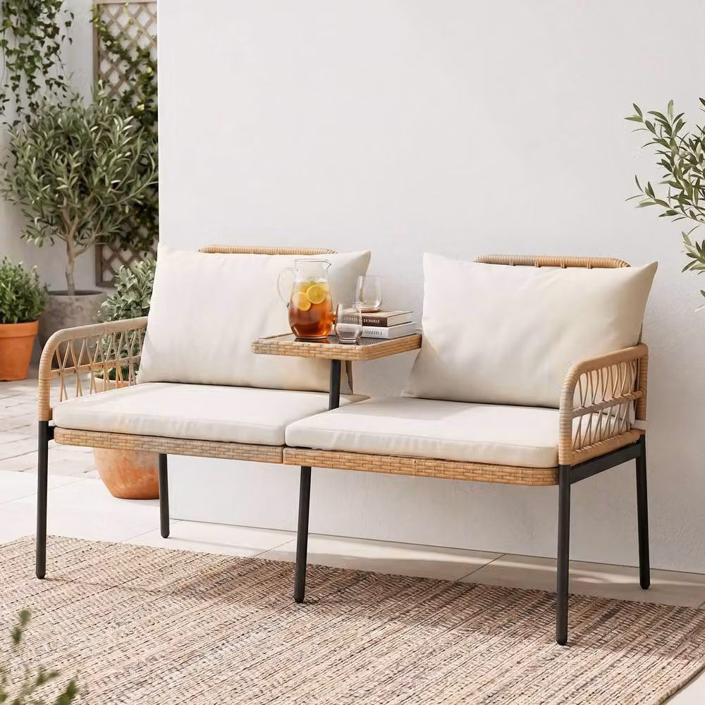 Gymax Rattan Jack and Jill Seat with Built-In Glass Table in Beige – 2