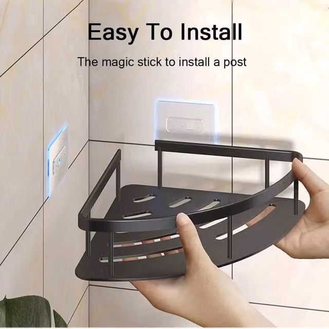 FLAVORA 2-Piece Black Corner Shower Rack and Bathroom Storage Shelf Set
