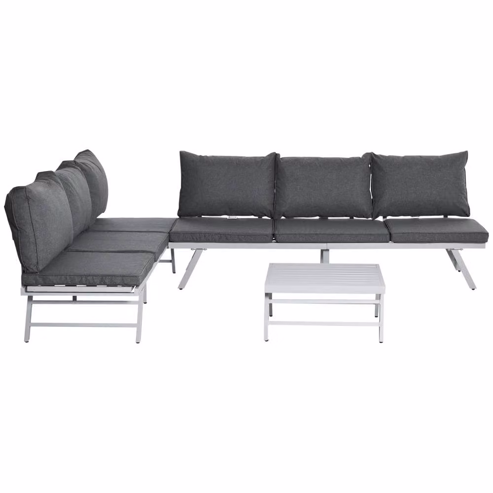 ERGOVEXA 6 Seater Grey L-Shape Garden Furniture Set with Upholstered Cushions and Powder Coated Steel Frame – 2