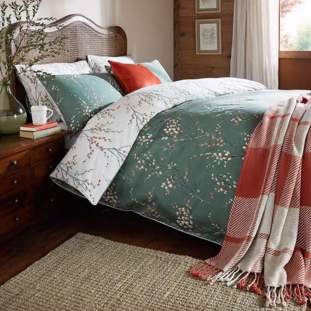 Laura Ashley Pussy Willow Reversible Floral Cotton Mako Satin Duvet Cover and Pillowcase Set in Green and Cream