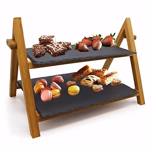 VanGogh 2 Tier Solid Bamboo and Grey Slate Rectangular Cake Stand – 2