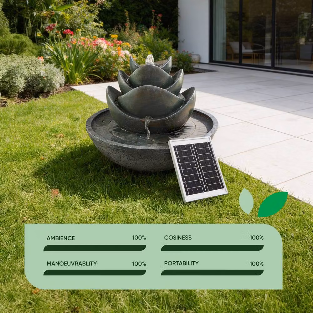 Gardenwize Solar 3 Tier Lotus Water Feature with Warm White LED Lights and Battery Backup in Grey, W/D/H: 44 x 54 x 54 cm – 5