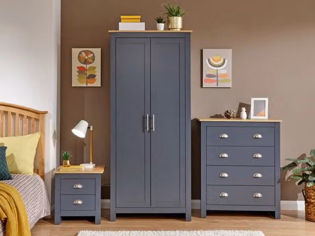 GFW Lancaster 3 Piece Bedroom Furniture Package in Slate Blue and Oak