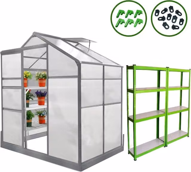 Monstershop Silver Greenhouse with Base, Racking and Polycarbonate Windows