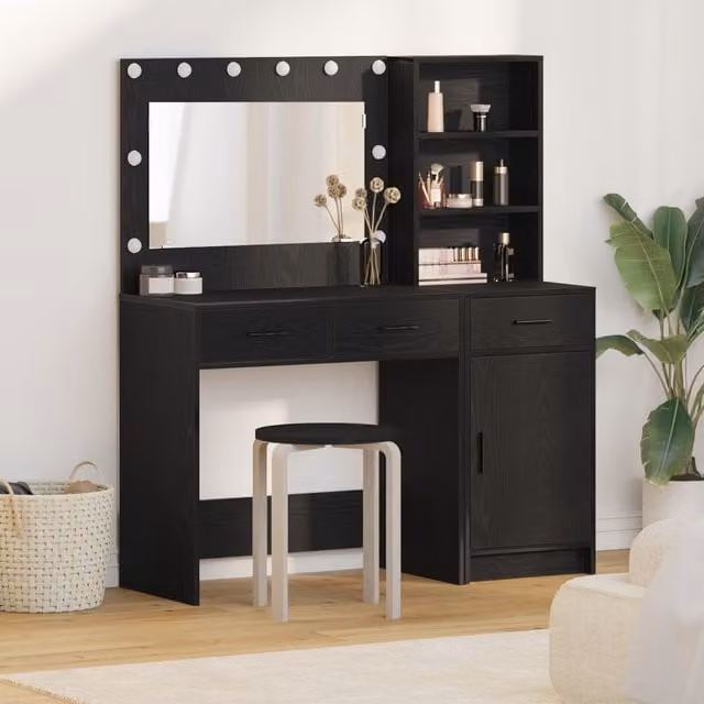 Berkfield Home 2 Piece Modern Hollywood LED Dressing Table Set in Matt Black MDF