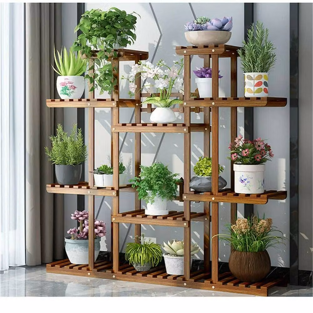 NESTLUNE Heavy Duty Large Capacity Plant Stand in Natural Wood and Metal, W/D/H: 100 x 15 x 15 cm – 4