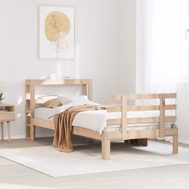Berkfield Home Small Single Bed Frame with Headboard and Side Compartments in Brown Pine Wood, W/D/H: 75 x 190 x 75 cm