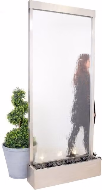 Primrose The Big One Brushed Stainless Steel and Glass Water Wall Fountain, Silver, Height: 213.0 cm