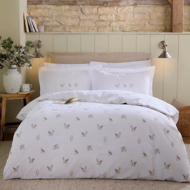 Sophie Allport Snowy Owls Reversible Cotton Duvet Cover and Pillowcase Set in White