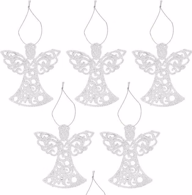 VFM e-Store Silver Glitter Hanging Angel Christmas Tree Ornaments, Pack of 6, H 17.5 x W 10 x D 1.5 cm