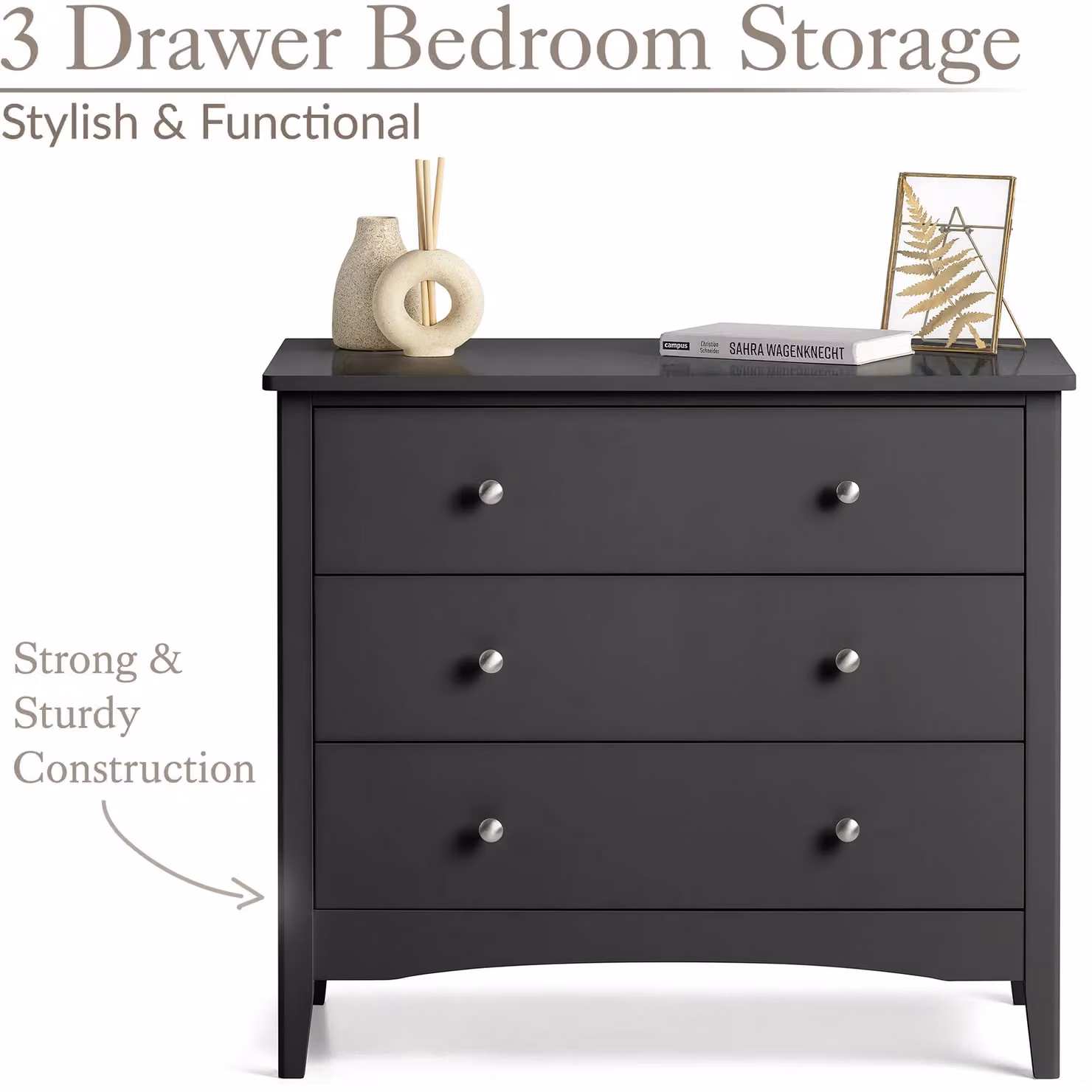 Christow Black 3 Drawer Modern Chest of Drawers, W/D/H: 80 x 40 x 70 cm – 2