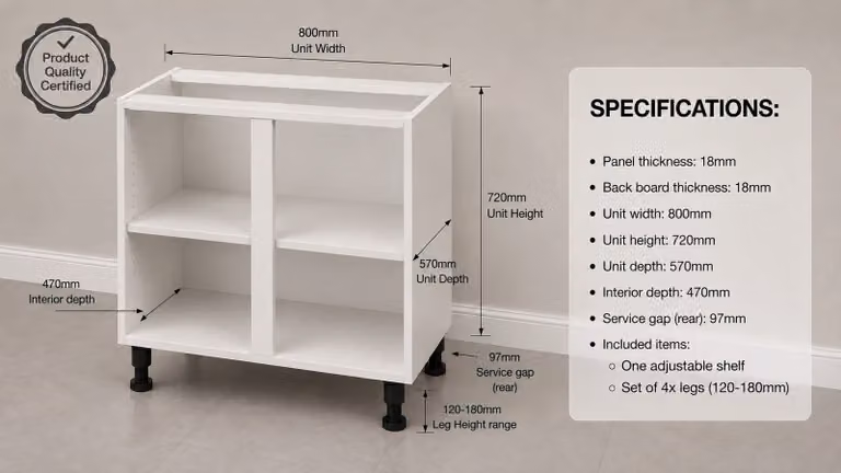 Cheap Furniture Warehouse White Matt Kitchen Base Unit with Internal Shelves and Open Shelf Doors, W: 80 cm, H: 72 cm, D: 57 cm