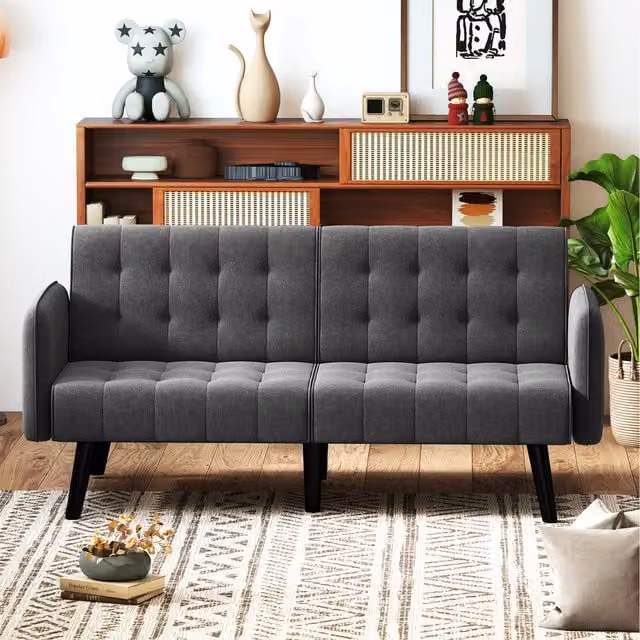 COSTWAY Grey Convertible Futon Sofa Bed with Solid Wood Frame and Adjustable Headrest, Width: 164 cm