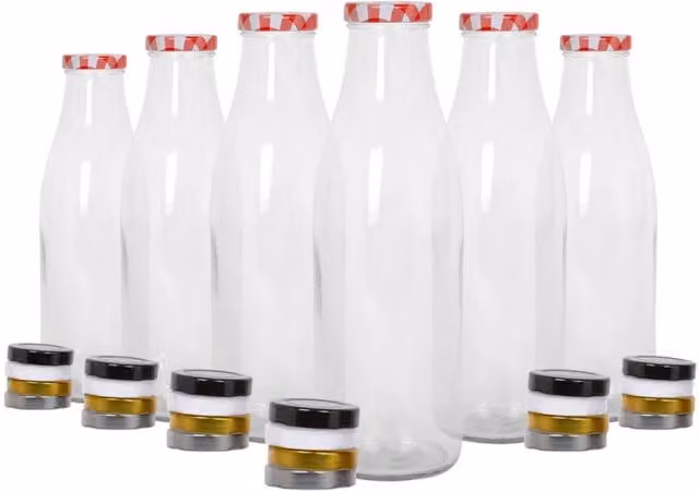 Havendro Set of 6 Clear Glass Water Bottles with Airtight Metal Lids, 960 ml each