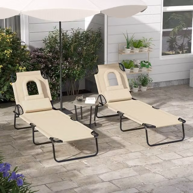 Outsunny Set of 2 Brown Folding Sun Loungers with Pillows and Textilene Fabric