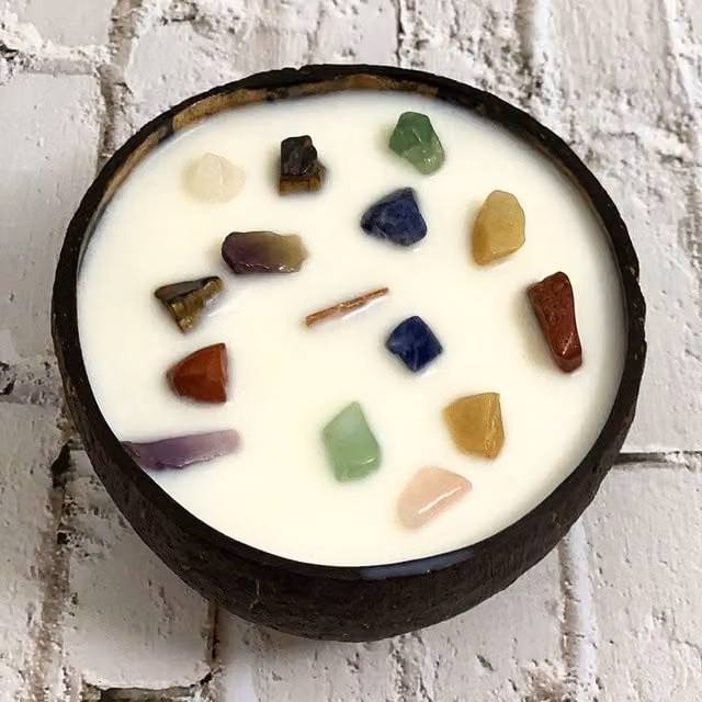 VIE White Meditation Scented Organic Coconut Shell Candle with 7 Chakra Gemstones