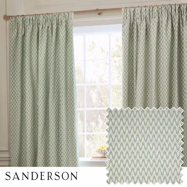 Sanderson Hutton Jacquard Pencil Pleat Room Darkening Curtains in Green, Width: 168 cm, Drop: 229 cm