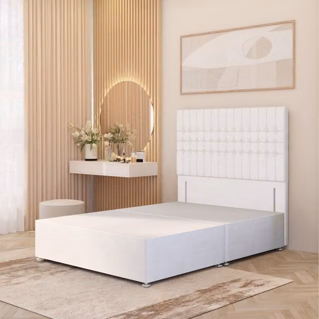 Somnior Beds Ltd Lexington Divan Bed Base with 54 inch Floor Standing Headboard in White Plush Velvet, W/D/H: 180 x 200 cm