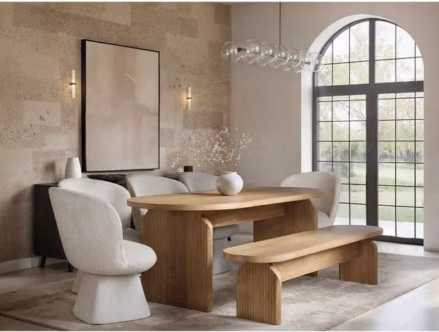 SOLACE+CO Scandinavian Wooden Dining Set with Rectangular Table, Bench and 7 Chairs in Brown and White