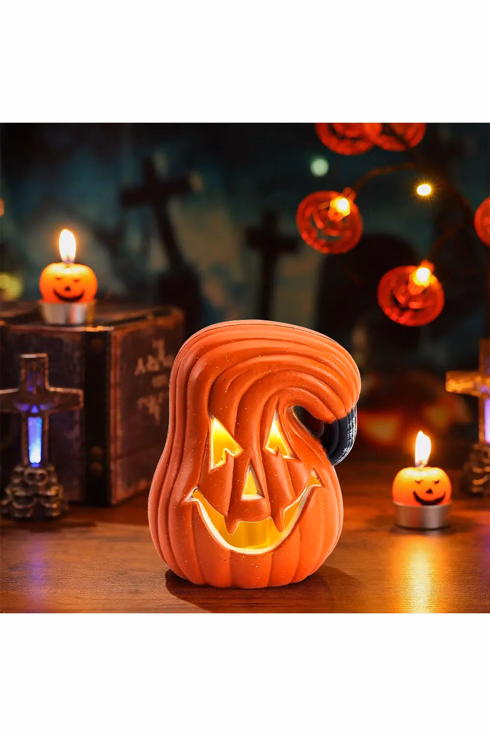 Living and Home Orange Halloween Hollow LED Plastic Curved Pumpkin Tabletop Decoration, H 18 cm x W 13 cm – 2