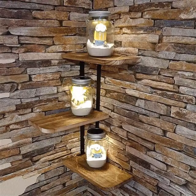 VOGREX 3 Tier Corner Floating Wall Shelves in Brown and Black, W/D/H: 43.7 x 25.9 x 13.0 cm