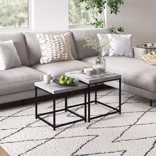 HOMCOM Nest of 2 Coffee Tables with 3.5 cm Thick MDF Tops and Metal Frame, Grey, W/D/H: 45 x 45 x 45 cm – 2