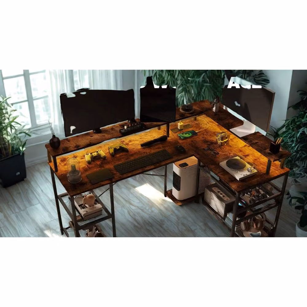 FURNOS Industrial L Shaped Corner Computer Desk with USB Outlets and LED Lights, Brown, W: 150 cm, D: 102 cm, H: 76 cm – 4