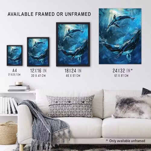 Artery8 Dolphin and Whale Underwater Sea Life Wall Art Poster Print, Blue, W/H: 46 x 46 cm – 3