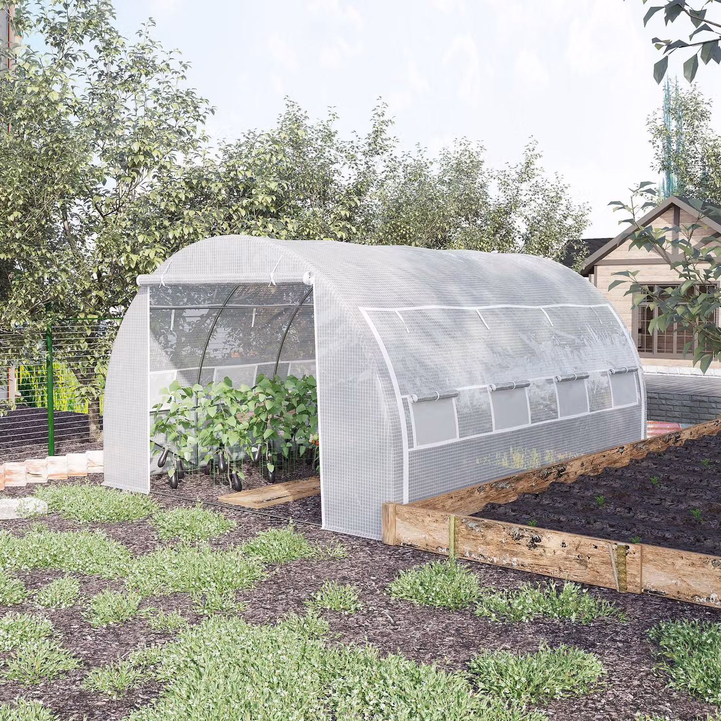 Outsunny White Polytunnel Greenhouse with Galvanised Steel Frame and Vented Door, W: 400 cm, D: 300 cm, H: 200 cm – 2