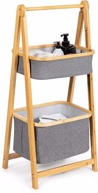 Costway 2-Tier Bamboo Laundry Hamper Shelf in Brown and Grey